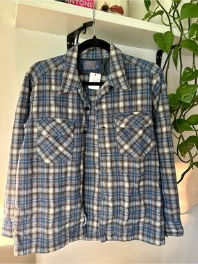 Pendleton Blue Plaid Wool Jacket with Brown Accents